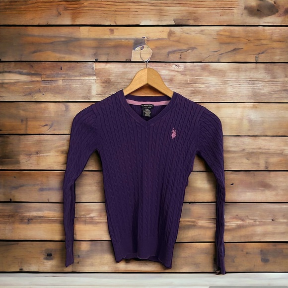 2/$25 U.S. Polo Assn. Purple Cable Knitted Sweater V-Neck Long Sleeves Girls - Picture 2 of 7